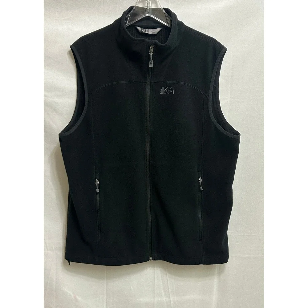 REI Mens XL Black Full Zip Fleece Vest Mock Neck Grid Lining RN37249 Outdoors